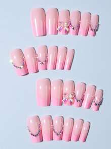 Eleva tu estilo con 24 piezas/set de uñas postizas cuadradas de color rosa con diseño de moño 3D con cristales, incluye 1 pieza de pegamento de gel y 1 pieza de lima de uñas, adecuado como regalo para mujeres y niñas