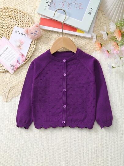 Baby Girls Lightweight Hollow Flower Pattern Button Long Sleeve Knit Cardigan