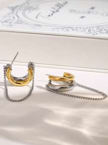 Uworld 1pc Women's Streamlined Symmetrical Gold And Silver Color Blocked C-Shaped Tassel Line Earrings 18K Gold Stainless Steel Earrings Suitable For Daily Communicating Decoration Party And Travel