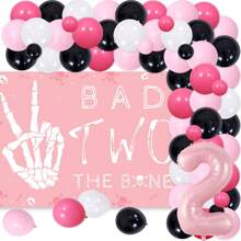 72 szt. Bad Two The Bone 2. urodziny dekoracje na imprezę różowy łuk balonowy girlanda z czaszką kości Bad Two The Bone tło, rock n roll muzyka motyw 90s drugie urodziny dekoracje na imprezę