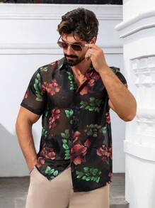 Men's Casual Button Up Short Sleeve Fashion Resort Beach Shirt - 黑色 - 查看 3