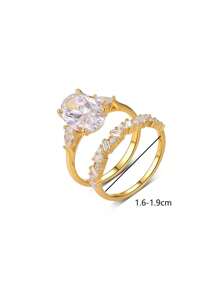 2pcs Set 925 Sterling Silver Oval Cubic Zirconia Inlaid Stacking Engagement Rings Bridal Wedding Jewelry Set - Gold - View 10