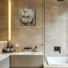 1pc Framed Wall Art, Wrapped Canvas Poster Vintage Prints, Easter Day, A Bunny Sitting In A Basket With Painted Eggs, Birthday Party Decor, Decorative Wall Art For Living Room Bedroom Office, Hanging Hardware Included - Framed