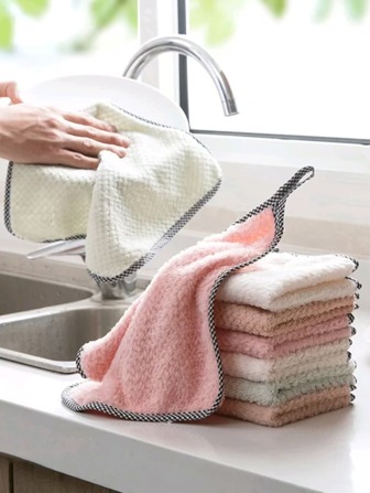 10 件悬挂式珊瑚绒洗碗布，厨房家用吸水洗碗巾、抹布、手巾、清洁布，小型企业主/零售商，厨房、浴室、家居、家居供应商（颜色随机，每批略有色差）