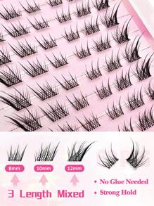 60片C型卷翘自粘蓬松假睫毛簇，长度8-16毫米混合，无需胶水，打造自然狐狸眼妆效，自粘单根假睫毛，DIY睫毛嫁接，预涂胶睫毛簇，自然纤长睫毛，猫眼睫毛簇，无需胶水，无需卸妆产品 - 黑色 - 查看 3