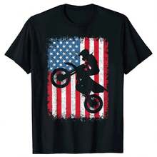 Dirt Bike American Flag Motocross Biker Vintage USA T-Shirts Men Fashion Casual Tshirt 100% Cotton Loose Oversized T Shirt - Black - View 1