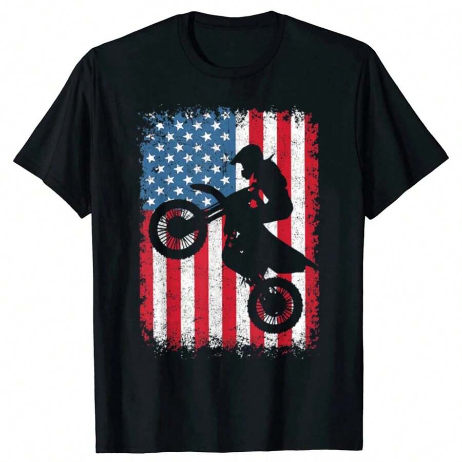 Dirt Bike American Flag Motocross Biker Vintage USA T-Shirts Men Fashion Casual Tshirt 100% Cotton Loose Oversized T Shirt - Black - View 1