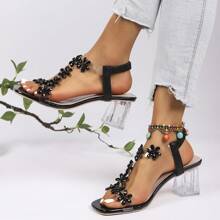 New Year's Rhinestone Sandals For Girls, Stylish Chunky Mid-Heel And Crystal Clear Heel, High Heel Dance Shoes, Suitable For Teenagers And Children, School Style, High Heel Dance Shoes