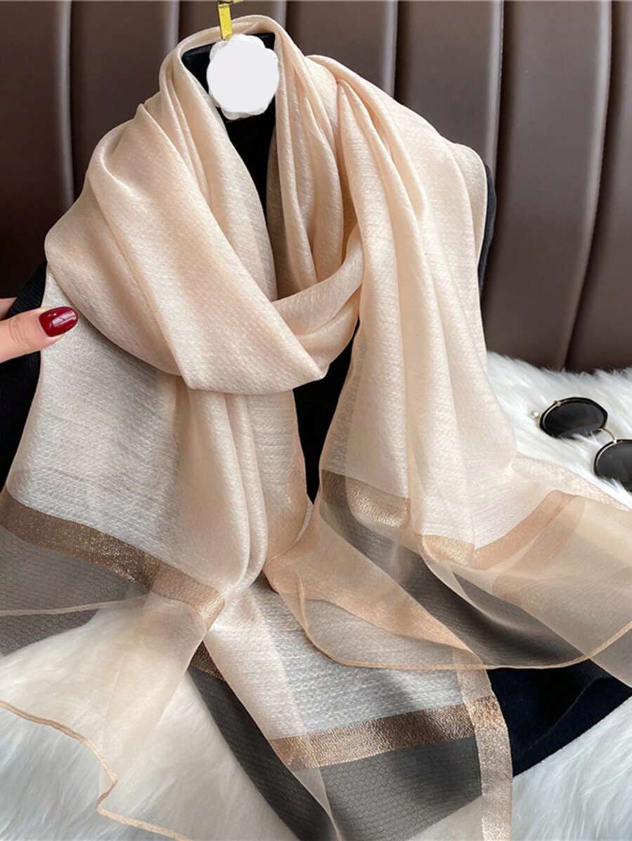 1 PIEZA Pañuelo grande y largo de satén de seda de imitación con lentejuelas de alambre de oro estilo coreano, marca de lujo, para primavera y verano, unicolor, chal, envoltura, para calidez y protección del cuello, hijab, moda playa, pañuelo para mujer, nueva decoración, adecuado para uso diario.