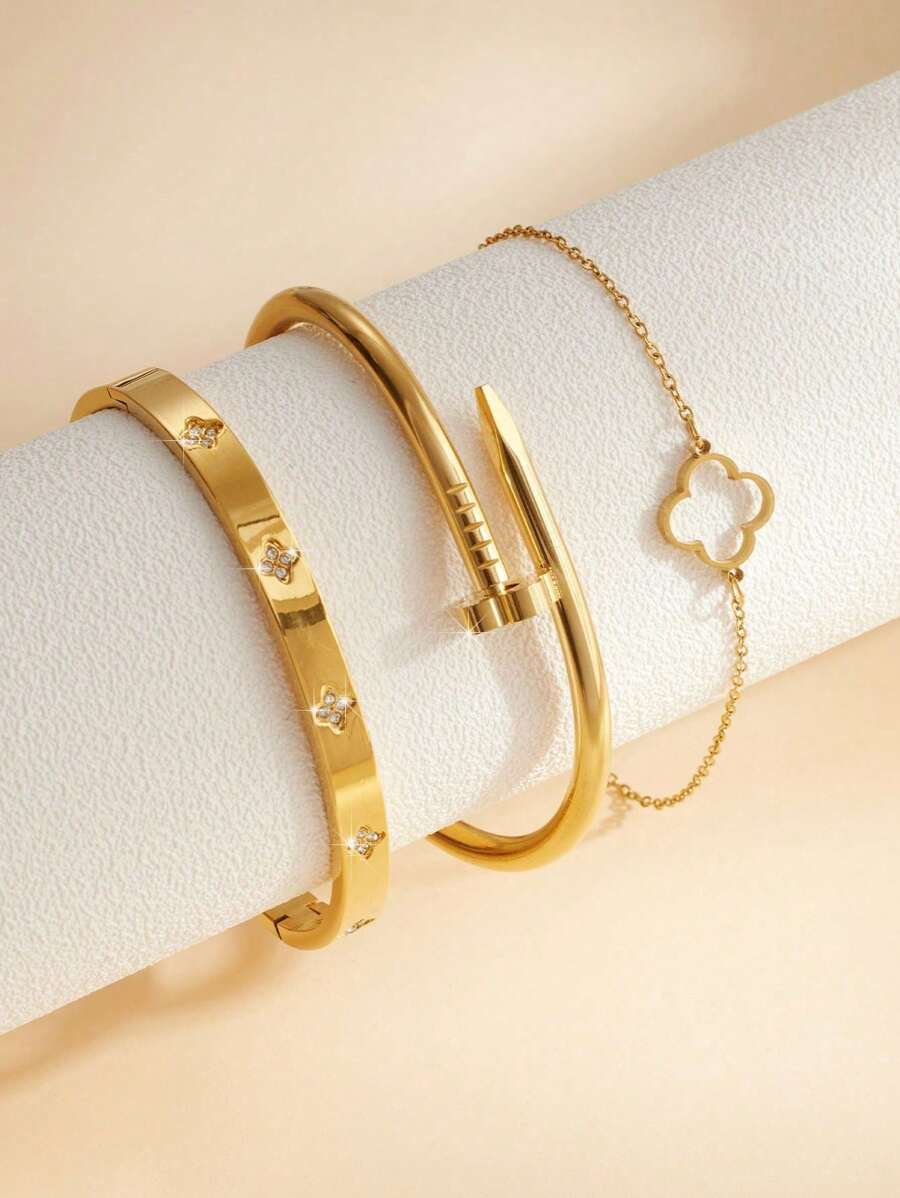 Stainless Steel Fashion Bracelet, Inlaid With 4 Small Cubic Zirconia Stones, Suitable For Daily Wear