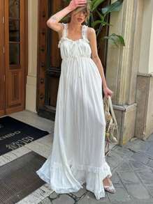 Women Long Tank Dress Lace Trim Tie-Up V Neck Sleeveless Backless Empire Waist Ruffle Dress For Evening Party Club