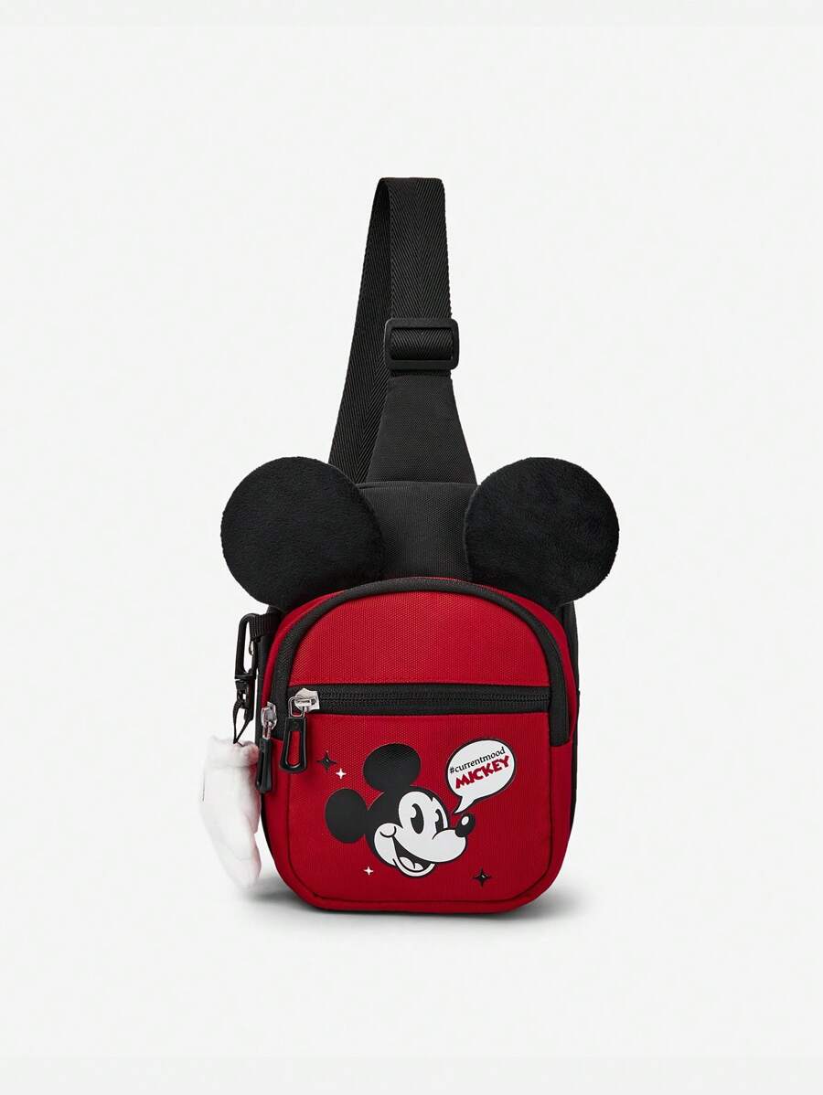 Balabala 兒童卡通吊帶包-可愛的3D耳朵設計斜挎揹包，適合男孩和女孩的輕便可調節單肩包 - 黑紅色調 - 查看 1