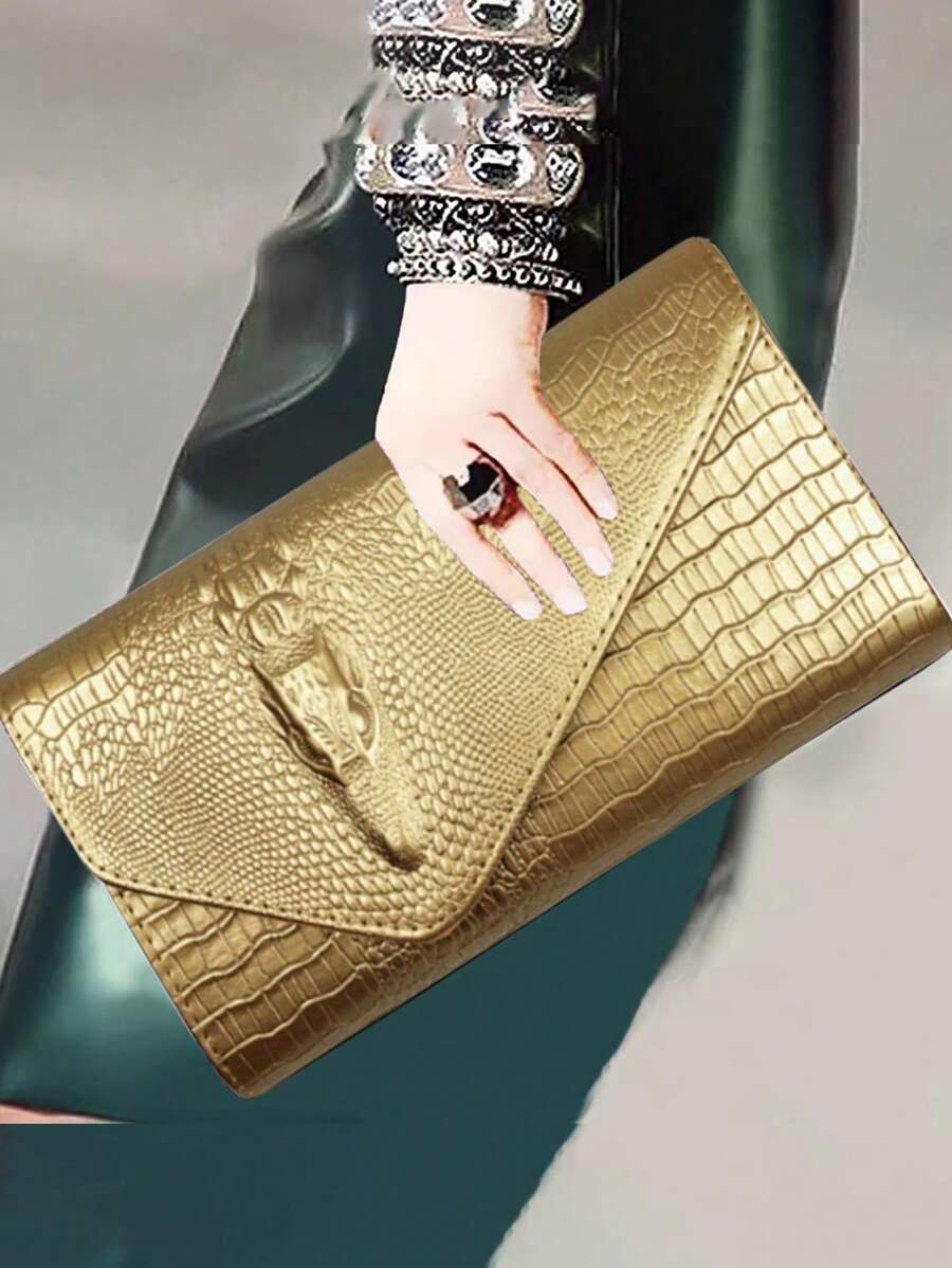 Luxury PU Leather Crossbody Bag, Fashion Versatile Women's Tote Handbag, Crocodile Pattern Clutch Bag - Gold - View 1
