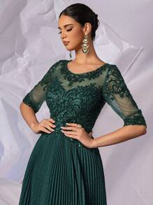 闪亮半袖褶皱礼服，适合婚礼宾客穿着，A字形长款精致蕾丝晚礼服，带亮片手工串珠贴花，优雅新娘礼服，伴娘礼服，女士正式晚礼服，后背拉链，派对礼服 - 綠色 - 查看 8