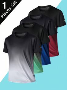 1 件休闲夏季男士透气快干渐变色短袖 T 恤适合户外运动和跑步 - 灰色 - 查看 5