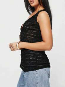 Women Lace Tank Tops Casual Summer Sheer One Button V-Neck Basic Vest Sleeveless Shirt Aesthetic Clothes For Streetwear