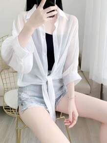 2025春夏女款轻薄雪纺防紫外线衬衫，宽松透气沙滩度假防晒外套，空调衬衫 - 白色 - 查看 2