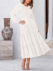 Women's Spring Wedding Guest Puffy Long Sleeve Maxi Dress Casual Round Neck Drawstring Layered A-Line Flutter Long Dress - Màu be - Xem 4