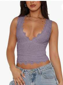 Women Y2K Crop Tops Solid Color Lace Trim Deep V Neck Slim Fit Backless Sleeveless Going Out Tank Tops Streetwear - 紫色 - 查看 1