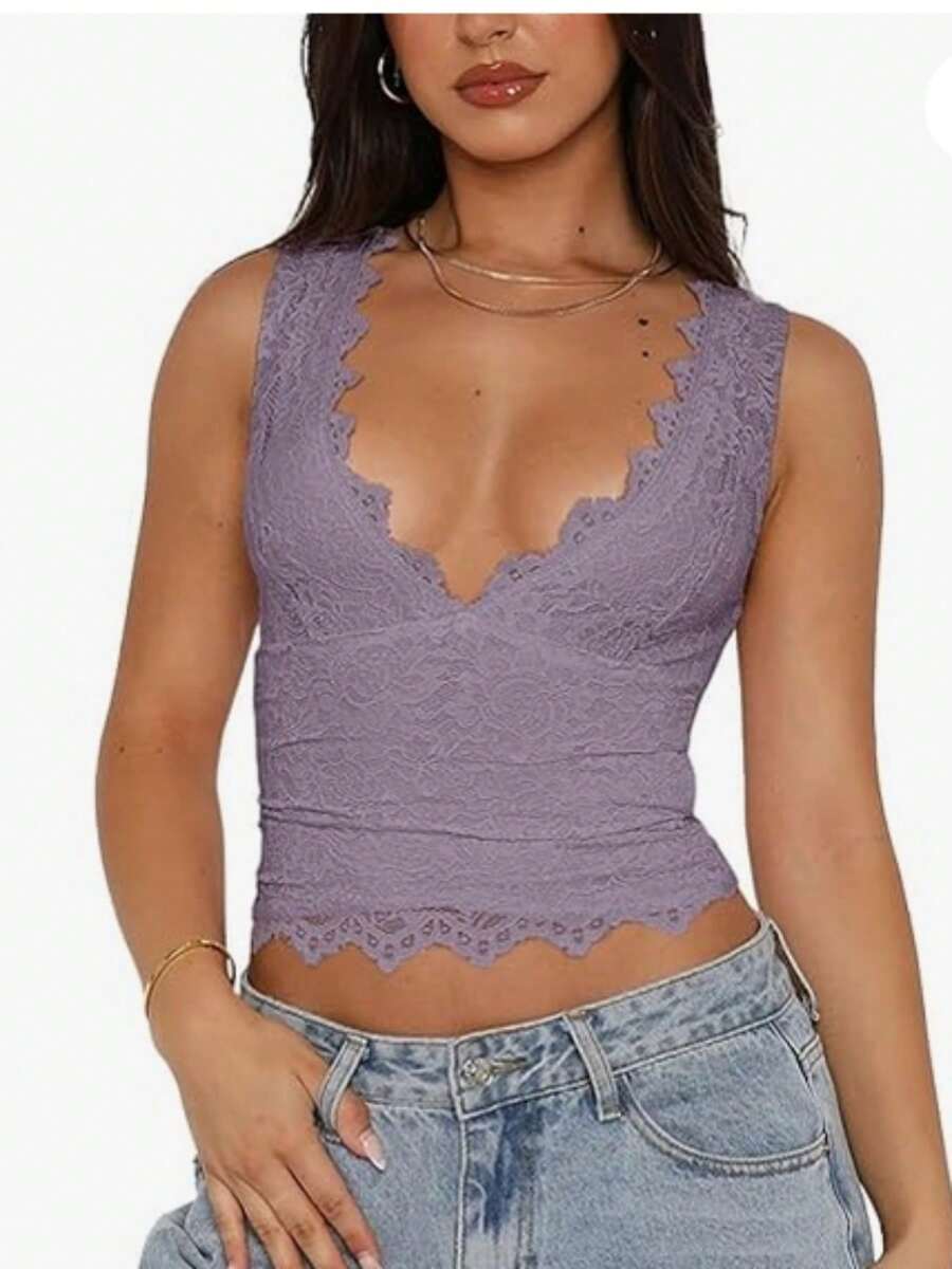 Women Y2K Crop Tops Solid Color Lace Trim Deep V Neck Slim Fit Backless Sleeveless Going Out Tank Tops Streetwear - 紫色 - 查看 1