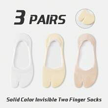 3 Pairs Women's Plain Solid Color Comfortable Antibacterial Moisture-Wicking Two-Toe Japanese Zori Style Low Vamp Hidden Heel Non-Slip Toe Socks, Suitable For All Seasons