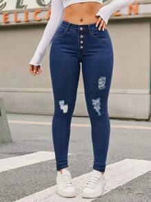 Pantalón Navidad Regalo de Navidad Un buen regalo de Mezclilla Azul, Skinny, Jeans Ajustados para Dama con Diseño Deslavado Casual -ZANA