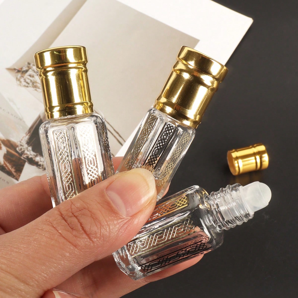 1/3pcs Luxury Style Essential Oil Roller Bottles, Transparent Octagonal Glass Roller Bottles, Empty Cosmetic Small Bottles, With Glass Roller Ball, Gold Electroplated Engraved Craft, 3/6/12ml, Suitable For Perfume & Essential Oils, Travel Accessories