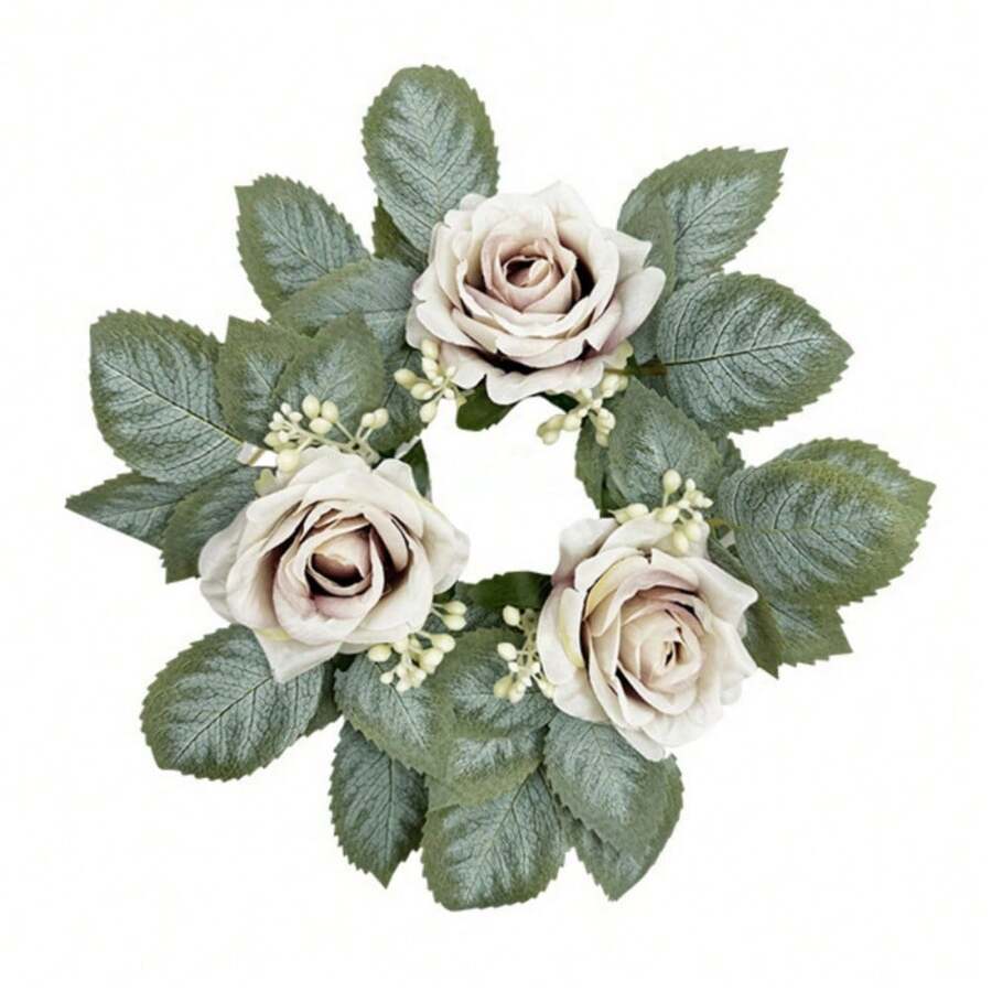 4 Pieces Candle Rings Artificial Rose Berry Wreaths Small Boho Wreaths Rings Pillar Candle Holder For Wedding Home Door Tabletop Decoration (Fog Purple)