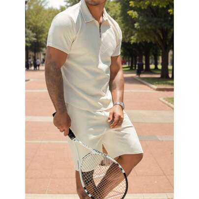 Mens Track Suits 2 Piece Sets Short Sleeve Sweatsuit Outfits 1/4 Zip Golf Polo Shirts Summer Shorts Loungewear