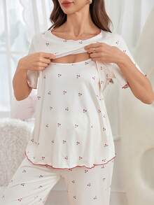 两件套柔软舒适的孕妇/哺乳服套装，碎花短袖上衣搭配波浪下摆长裤，家居服夏季度假之选 - 彩色 - 查看 5