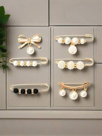 6/13 件珍珠簇胸针套装，优雅时尚别针，用于服装调整和装饰，混色珍珠设计