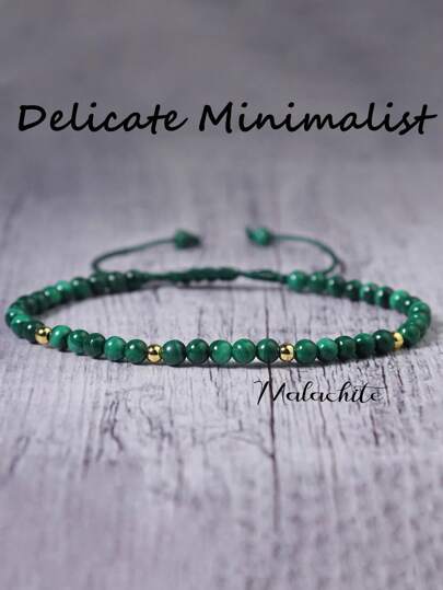 YAUKIA 精致孔雀石和黑曜石简约手链 - 天然孔雀石精致手链 - 孔雀石黑曜石水晶分层手链 - 送给妈妈妻子朋友的诞生石礼物