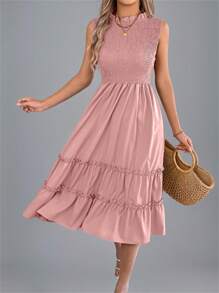 Summer Smocked Waist Dress Sleeveless Round Neck Ruffle Trim Flounce Hem Solid Color Beach Cover Up Resort Midi Vacation Essential Womens Pink Sundress - Hồng - Xem 6
