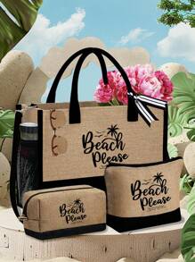 女士沙滩主题手提包套装，饰有艺术感十足的“沙滩沙滩”字样和棕榈树印花，包含1个大容量手提包和2个化妆包。 - 卡其色 - 查看 8