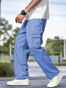 1pc Teen Boys Casual Loose Solid Color Multi-Pocket Straight Cargo Pants, Suitable For Gym, Outdoor, Academy, Spring/Summer/Autumn - Blue - View 2