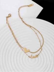 1 件女士时尚优雅双层英式心形脚链，防水不锈钢防褪色，适合日常佩戴、派对、海滩