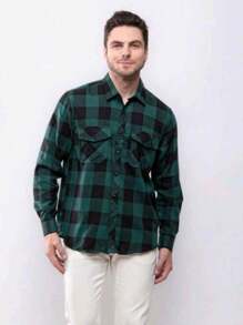 Men's Long Sleeve Plaid Flannel Shirt - 綠色 - 查看 3