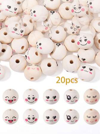 20pcs Smiling Face Wood Beads Wooden Smile Face Head Printed Beads ,Natural Wooden Round Spacer Ball Beads With Cute Face For Diy Craft Jewelry Making, Hang Ornament ,Christmas Decor,Bracelet, Necklace ,Jewelry Hair Crafts Making (Randomly Send)