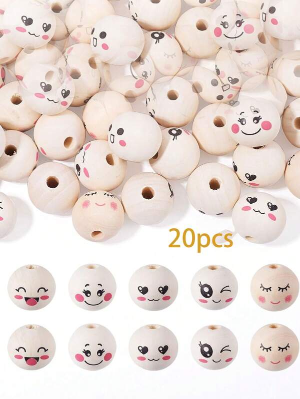 20pcs Smiling Face Wood Beads Wooden Smile Face Head Printed Beads ,Natural Wooden Round Spacer Ball Beads With Cute Face For Diy Craft Jewelry Making, Hang Ornament ,Christmas Decor,Bracelet, Necklace ,Jewelry Hair Crafts Making (Randomly Send)