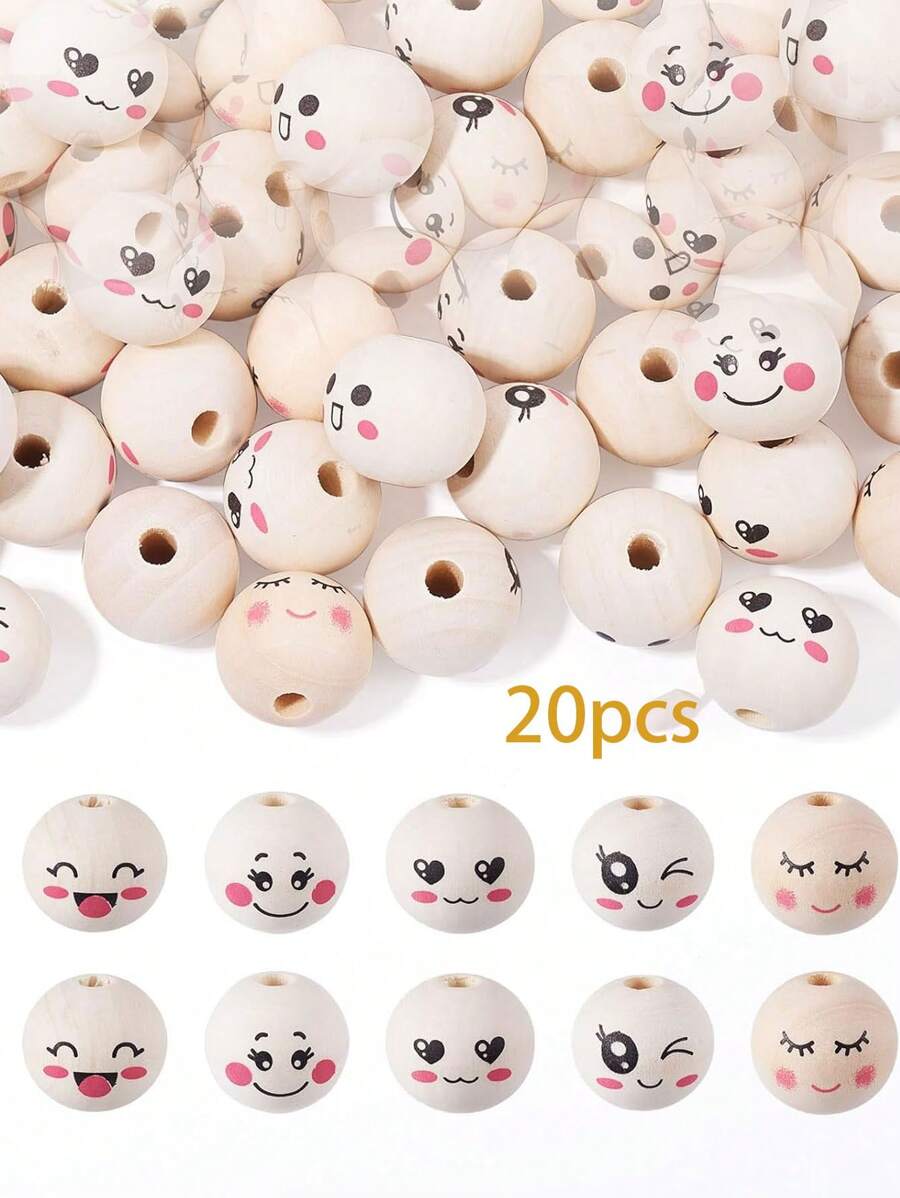 20pcs Smiling Face Wood Beads Wooden Smile Face Head Printed Beads ,Natural Wooden Round Spacer Ball Beads With Cute Face For Diy Craft Jewelry Making, Hang Ornament ,Christmas Decor,Bracelet, Necklace ,Jewelry Hair Crafts Making (Randomly Send)