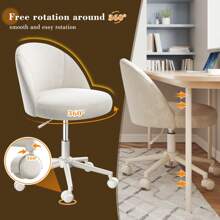 Vanity Chair With Wheels Velvet Swivel Desk Chair Adjustable Height Armless Small Office Chair With Lumbar Support Silla De Vanity For Makeup Room, Bedroom, White - 白色 - 查看 3