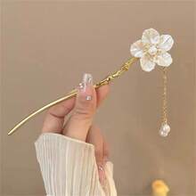 1 Peça Palito de Cabelo com Flor de Hibisco, Borla e Pérola Falsa em Estilo Chinês, Acessório de Cabelo para Hanfu/Qipao, Acessórios de Cabelo, Presilha, Coque, Acessório de Coque, Prendedor de Cabelo, Acessórios de Cabelo com Pérola, Material Escolar