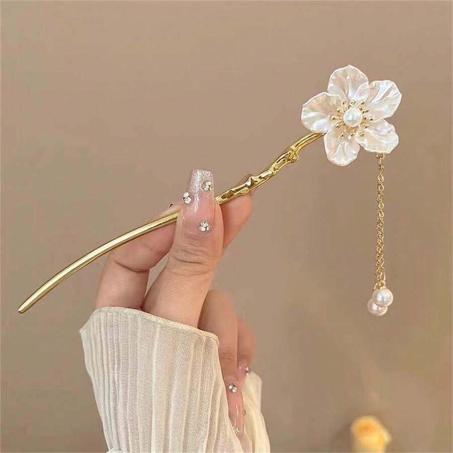 1 Peça Palito de Cabelo com Flor de Hibisco, Borla e Pérola Falsa em Estilo Chinês, Acessório de Cabelo para Hanfu/Qipao, Acessórios de Cabelo, Presilha, Coque, Acessório de Coque, Prendedor de Cabelo, Acessórios de Cabelo com Pérola, Material Escolar