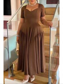 Women Plus Size Elegant Strapless Ruched Cinched Waist Long Dress - Dark Brown - View 4