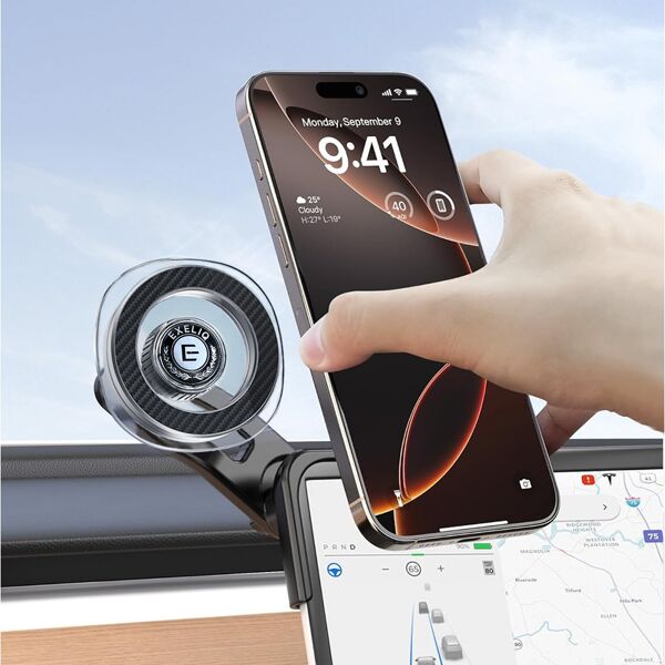 exeliq Tesla Phone Mount For MagSafe Model 3 / Y Accessories Magnetic Car Phone Holder Flip Cover Design Tesla Phone Holder Compatible With Iphone 16 15 14 13 12 Pro Max All Phones Compatible With MagSafe Case