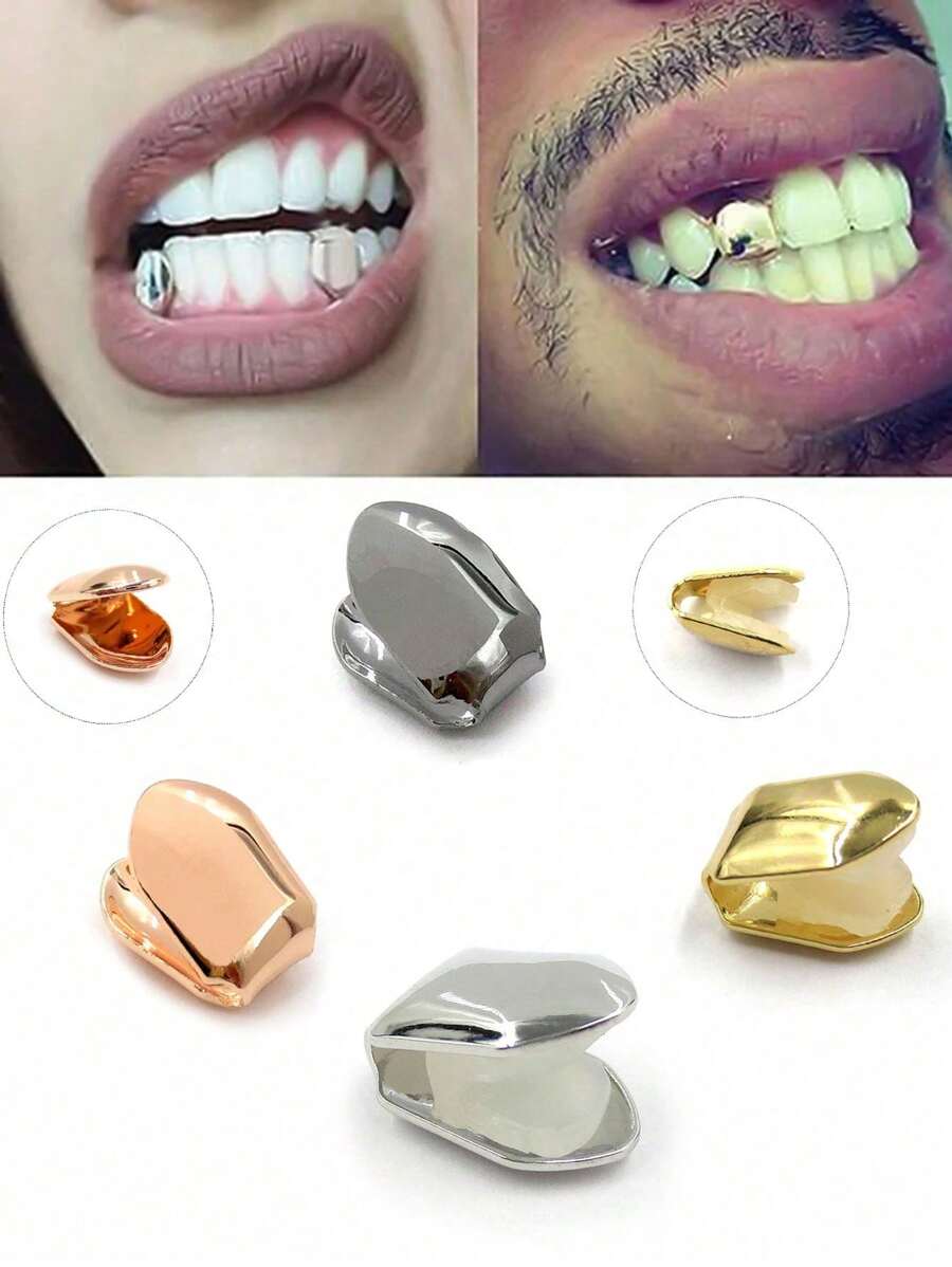 1 件金牙套单圆齿嘻哈首饰，镀金牙套，适合男女，礼物