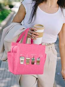 With The "Four Cups Of Coffee" Pattern,Lunch Bag For Women Men,With A Pink Cutlery Storage Bag, Leakproof Insulated Soft Large Lunch Cooler Bag - Reusable Lunch Bag ,Solid Color Tableware Storage , Leak-Proof Portable Fabric Tableware Bag