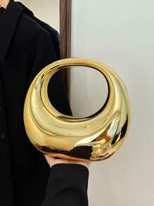 加大码新月形金属亚克力手拿包，镀金亮面时尚圆形晚宴手提包，带环形手柄，是送给女性的完美礼物