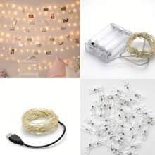 LED Photo Clip String Lights, 3 Meters 20 Clips/5M 30 Clips/10M 50 Clips/15M 50 Clips/20M 100 Clips, Fairy Light Photo Clips, USB/Battery Powered Fairy Lights, Suitable For Dorms, Bedrooms, Christmas, Parties, Weddings, Halloween, Christmas Decor (Warm White)