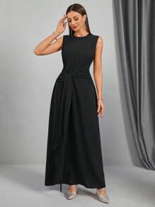 Women 2 Pieces Set: Long Sleeve Loose Abaya And Dress, Solid Color Modest Robe Spring Black - Black - View 3